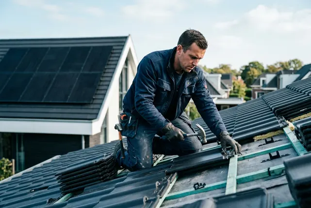 Dachdecker bei der Arbeit auf einem modernen Dach mit Photovoltaik