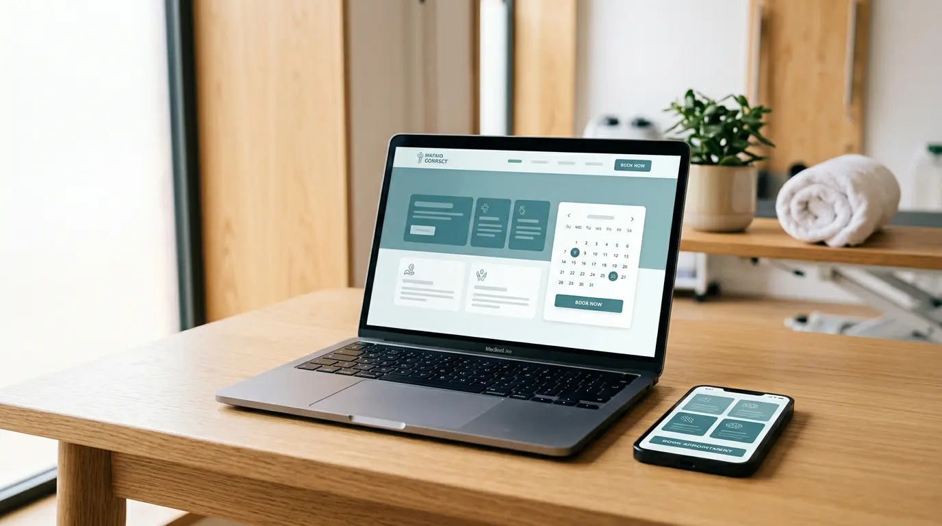 Laptop und Smartphone zeigen eine moderne, aufgeräumte Website für eine Gesundheitspraxis mit Online-Terminbuchung