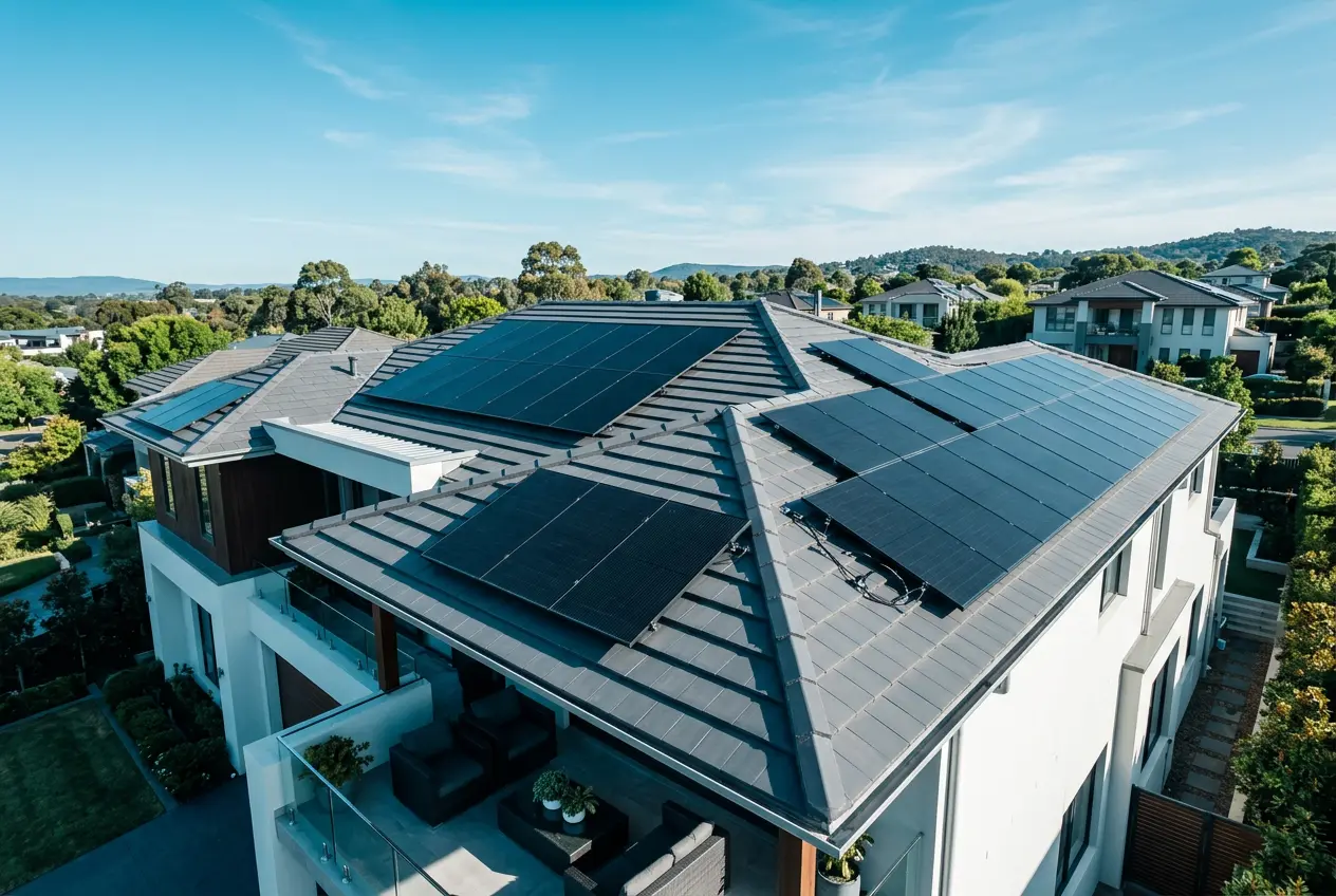 Modernes Dach mit neu installierten Photovoltaik-Modulen