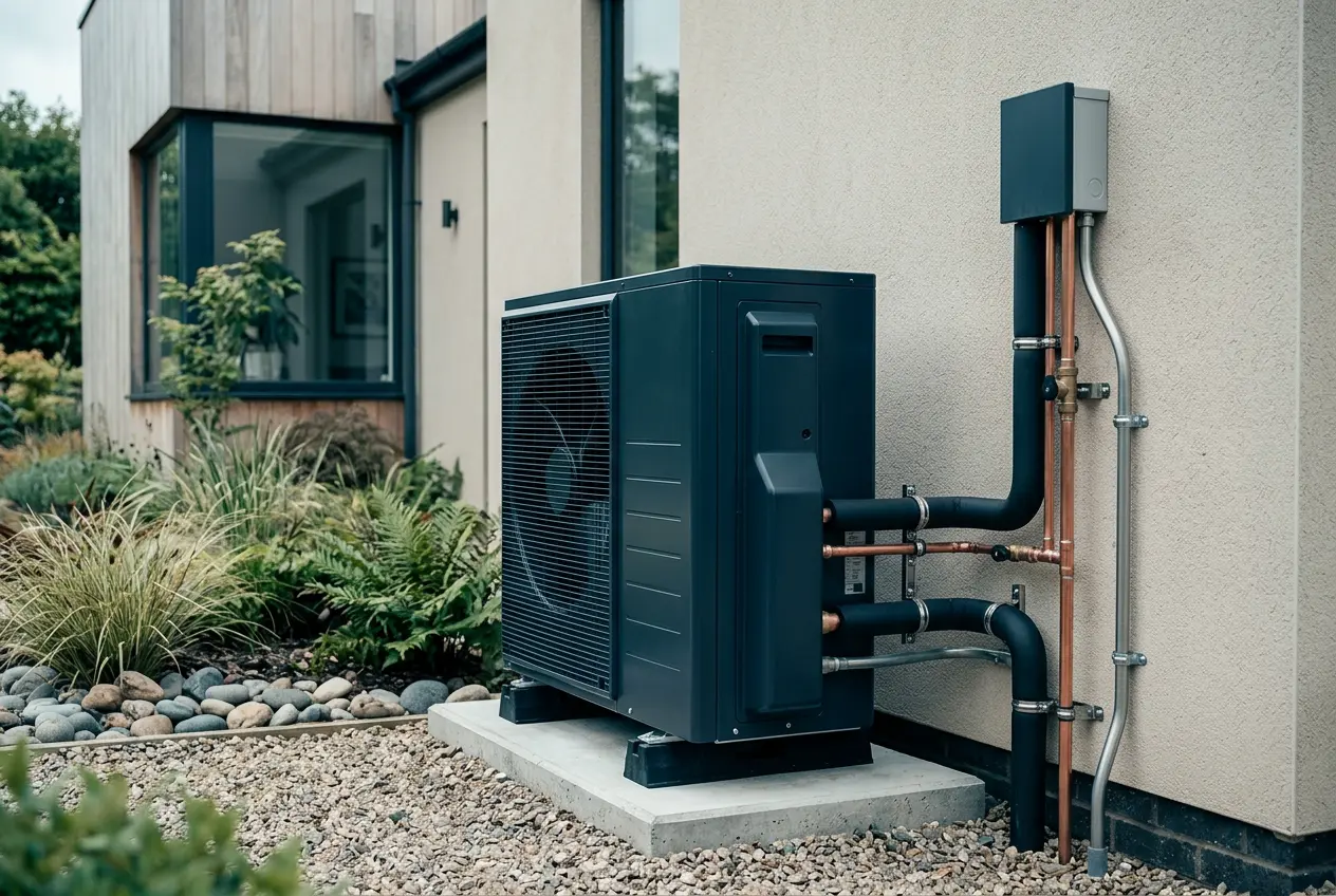 Moderne Luft-Wärmepumpe mit sauberer Verrohrung an einer Hauswand