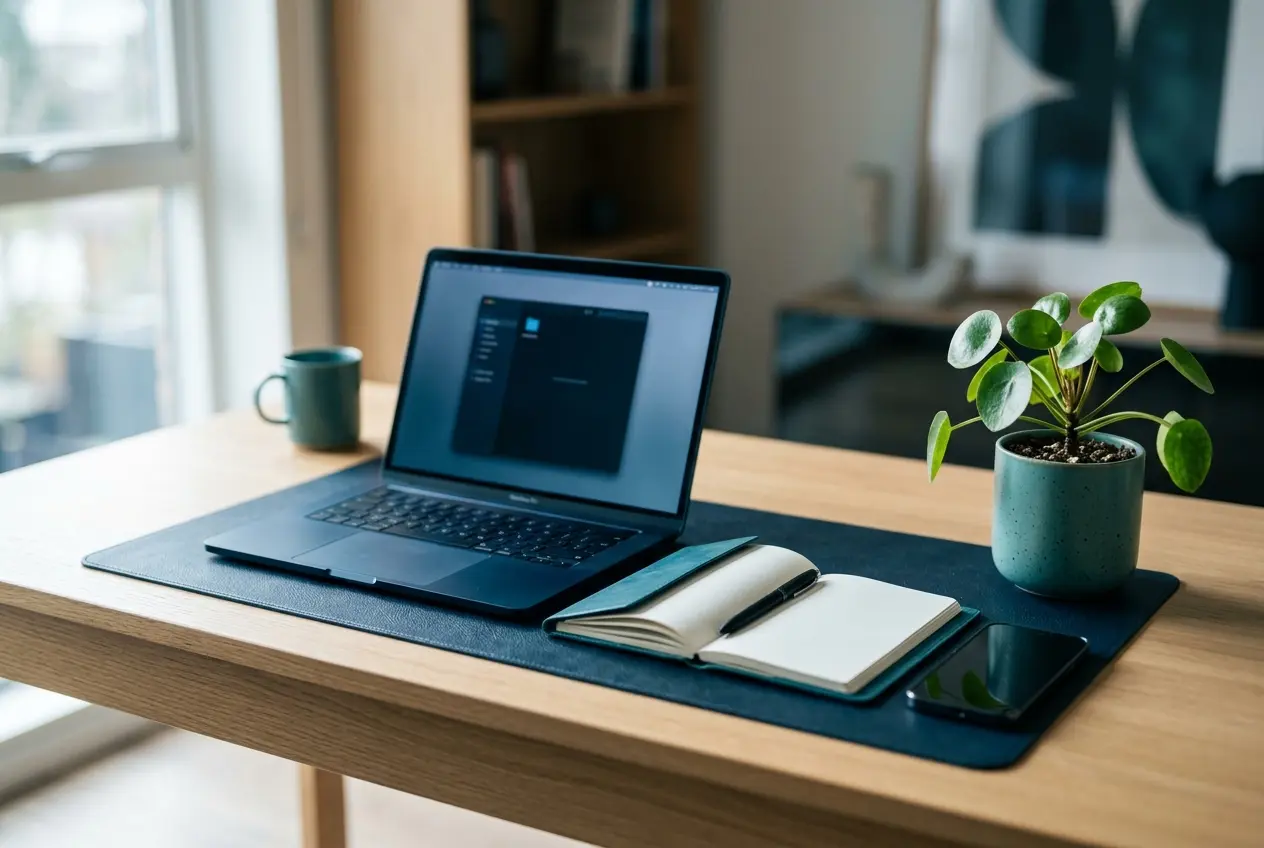 Moderner, aufgeräumter Schreibtisch mit Laptop und Smartphone